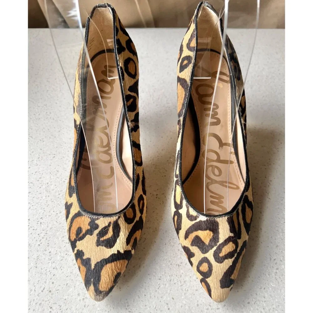 Sam Edelman Pumps Sz 6 Leather & Fabric Uppers Leopard Pointed Toe  3” Heels - Picture 3 of 11